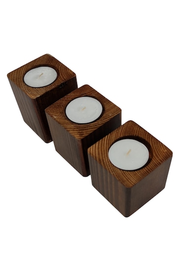 Doğal Ahşap Dekoratif Küp Mumluk 6 X 6 Cm 3 Lü Set Mum Dahil