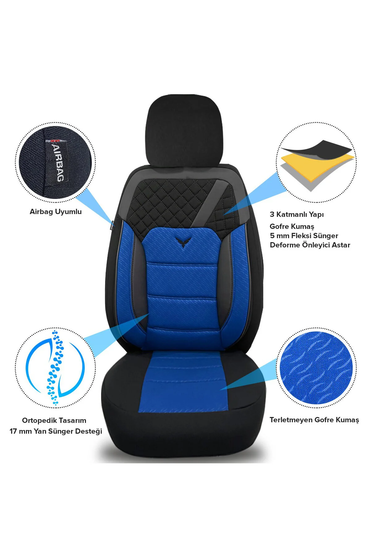 Pandami Oto Koltuk Kılıfı, Tam Set, Gofraj / Mavi Mavi