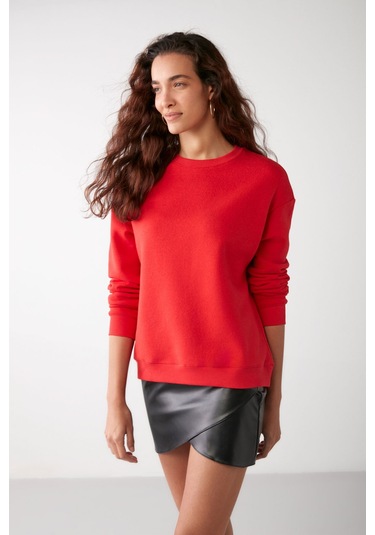 Vaneltına  Kadın Içi Polarlı 3 Iplik Organik Pamuk Oversize Basic Bisiklet Yaka Kırmızı Sweatshirt