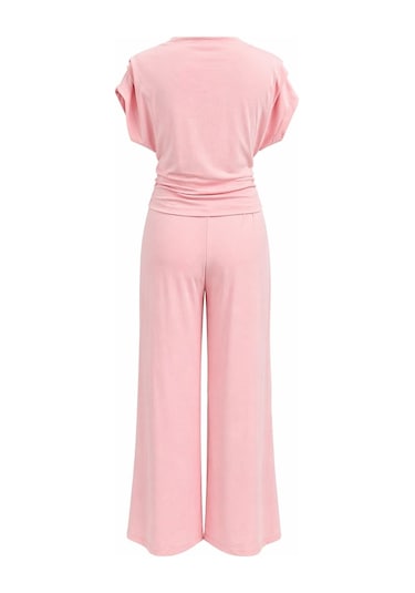 Mixray 2093 Kadın Dökümlü Bluz Geniş Paça Pantolon İkili Takım Pembe