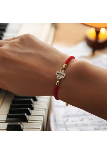Örgü İplili 14 Ayar Altın Plakalı Çiçek Figürlü Balmaske Sembollü Hediye Bileklik-324sembol-kırmızı Altın