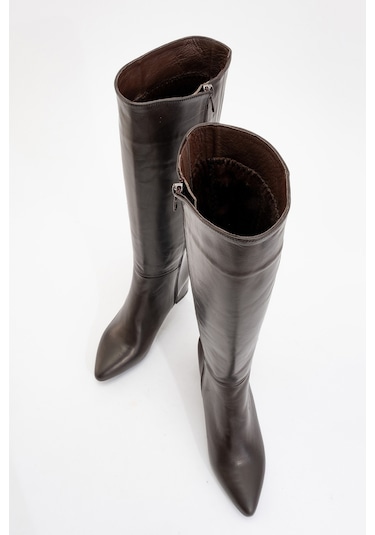 Sejas Kahverengi Hakiki Deri Kadın Topuklu Çizme Kahverengi