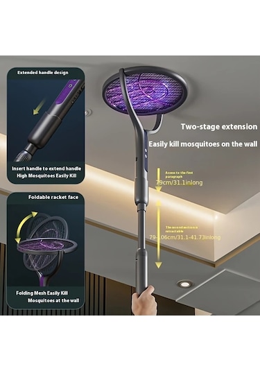 Boatshop1 Yeni Çok Fonksiyonlu Without Telescopic Rod Katlanabilir Usb Elektrikli Sinek Raket Döner Başlıklı İç Mekan Ofis Kamp İçin Mor Böcek Işıklı