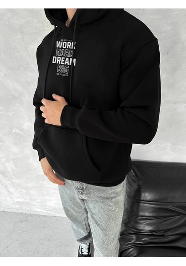 Kışlık Üç İplik Kapüşonlu Sweatshirt - Siyah -vlmr Siyah