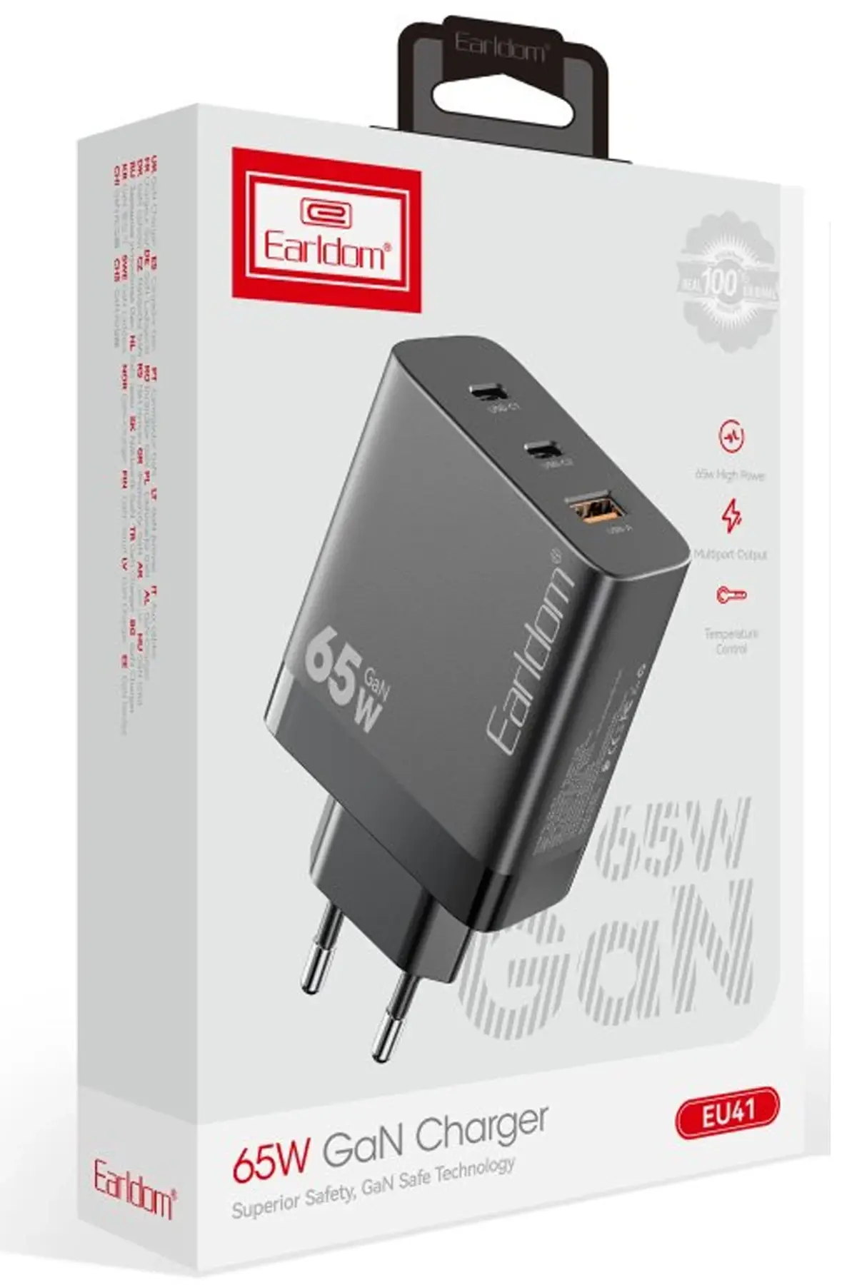 Earldom Eu41 2 Adet Type-c Ve 1 Adet Usb Çıkışlı 65w Gan Şarj Aleti - Siyah Renk - Siyah