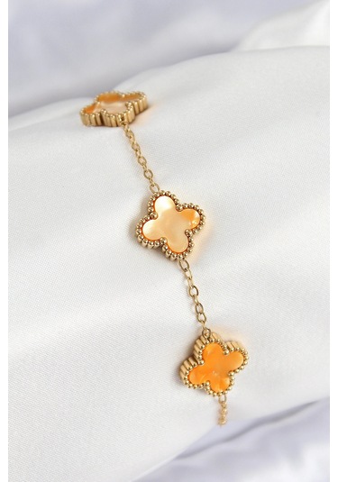 316l Çelik Sedefli Turuncu Gold Renk Yonca Kadın Bileklik Çok Renkli