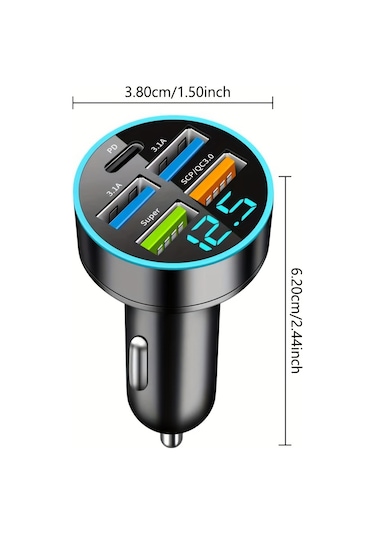 5 Port Usb Süper Hızlı Şarj Akıllı Telefon Şarj Algılama Dijital Ekran Araç Adaptörü Cep Telefonu Şarj Cihazı