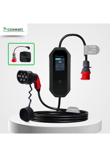 Coswatt Elektrikli Araç Taşınabilir Şarj Istasyonu 11 Kw - 16A / Tip-2 / 5X16A Fiş / Trifaze / 5m / Çantalı / Ev Tipi Dönüştürücü Kablolu
