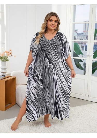 Edolynsa Siyah Çizgili Bol Kadın Kaftan Sabahlık Büyük Boy Ev Giyimi Rahat Giyim Yazlık Giyim Mayo Üst Kıyafet Q1594 Çok Renkli