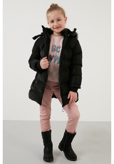 Lela Yakası Suni Kürklü Peluş Astarlı Çıkarılabilir Kapüşonlu Dar Kesim Kışlık Kız Çocuk Mont 5760002 Siyah