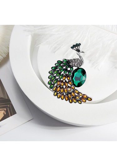 Suntek Kristal Tavuskuşu Broş Pins Kadınlar Için Hayvan Yeşil