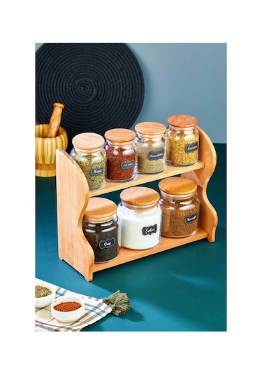 Bambu Kapaklı 7 Parça Cam Baharatlık-baharat Takımı şeffaf