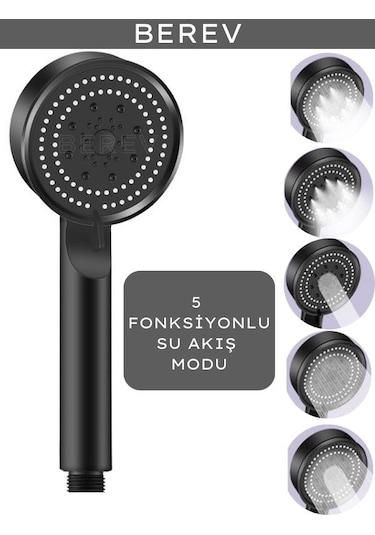Berev 5 Fonksiyonlu Yüksek Basınçlı Duş Başlığı 150 Cm Duş Hortum, Siyah Duş Seti Siyah