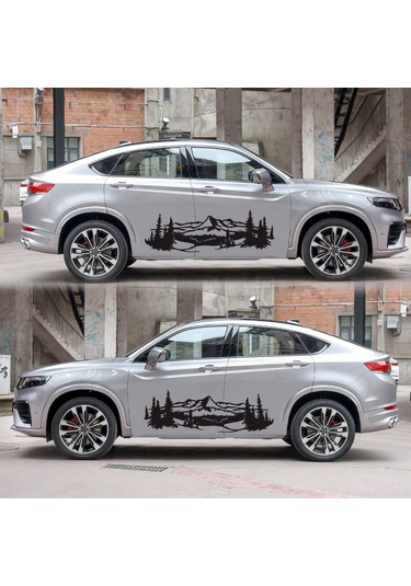 Ranyeek D-957 Pvc Araba Stickerleri, Dağ-ağaç Desenli Siyah Vinyil, Karbonlu Kaplama, 150x50cm 2 Adet, Kolay Kurulum-çıkarma