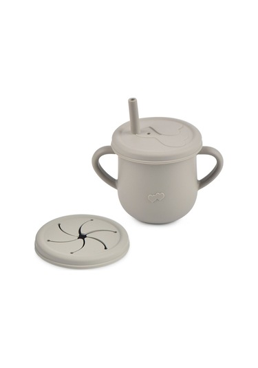 Jojobebek Silikon Vakumlu Kase, Silikon Çatal-kaşık, Silikon Pipetli Bardak, Çerez Kapağı, Önlük / Gri