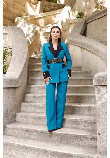 Gold Kemerli Garnili Kruvaze Takım Petrol Petrol