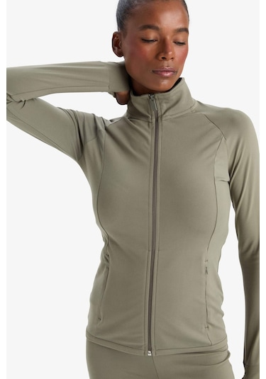 Defacto Defactofit Fitted Vücuda Oturan Ultra Soft Dik Yaka Çift Cepli Parmak Detaylı Fermuarlı Spor Hırka B3985ax25aukh422 Haki