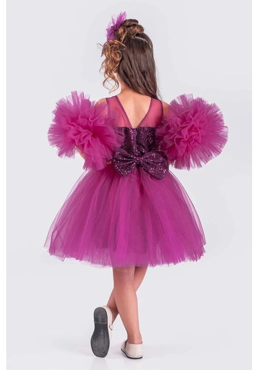 Kız Çocuk Abiye Elbise Ponpon Kol Pul Payetli Tütülü Fuşya