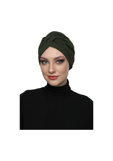 Çapraz Penye Astarlı Haki Hazır Türban Tesettür Havuz Bonesi Haki