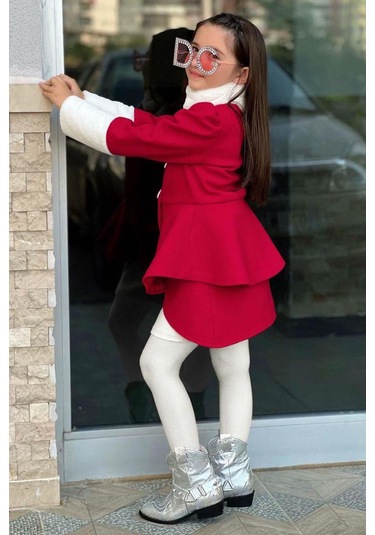 Riccotarz Kız Çocuk Kol Uçları Peluş Detaylı Kırmızı Kaşe Kabanlı Takım Kırmızı