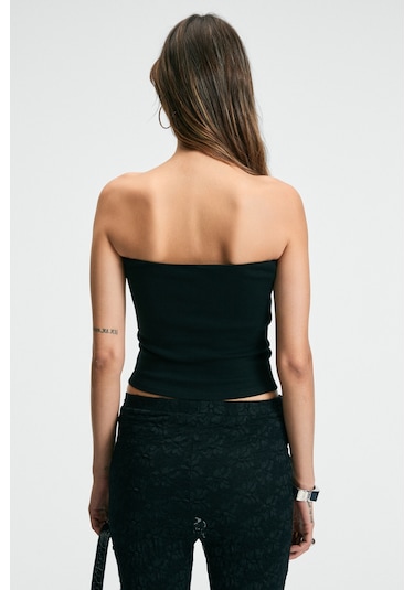Grimelange MORIENNE Kadın Halter Yaka Kalın Askılı Sırtı Açık Crop Siyah Bluz