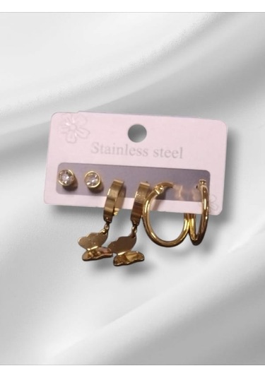 Çelik 6 Lı Kelebekli.halka ,taş Küpe Gold