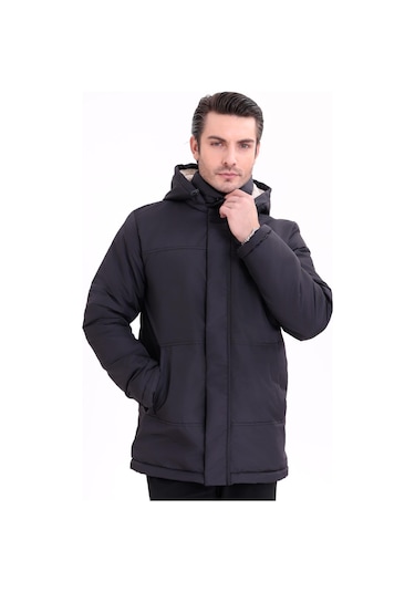 Erkek İçi Kürklü Çıkma Kapüşon Su Ve Rüzgar Geçirmez Kapüşonlu Kışlık Mont & Kaban & Parka Siyah