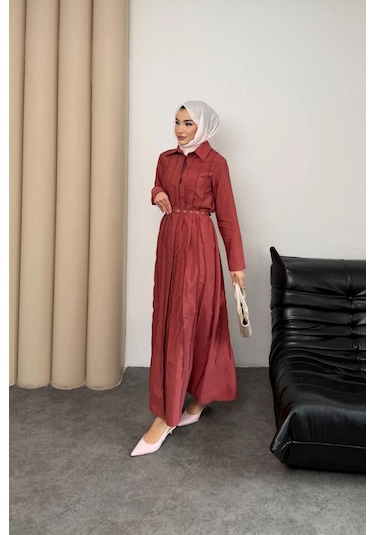 Mihran Butik Quenn Model Coupra Model Kumaş Kemer Detaylı Elbise Kiremit