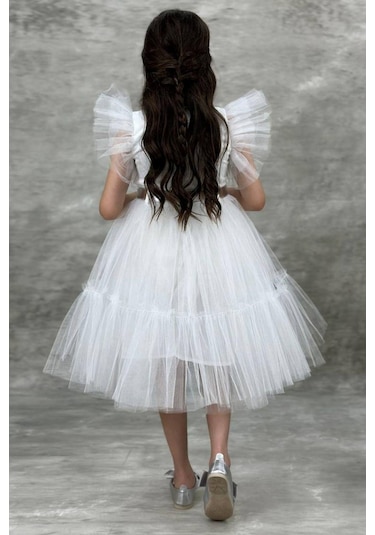 Ricctarz Kız Çocuk Gömlek Yaka Göğsü Ve Kolları Tül Detaylı Wednesday Beyaz Elbise 001