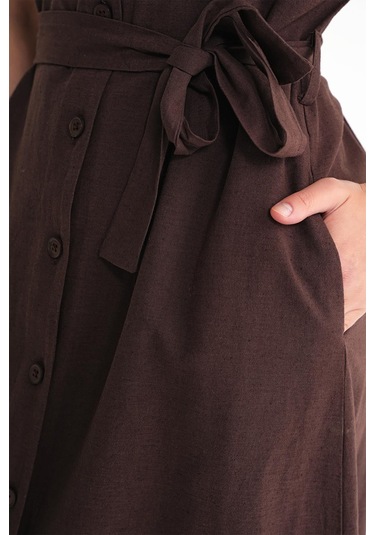 4721 Kadın V Yaka Düğme Detaylı Keten Elbise Kahve Kahve