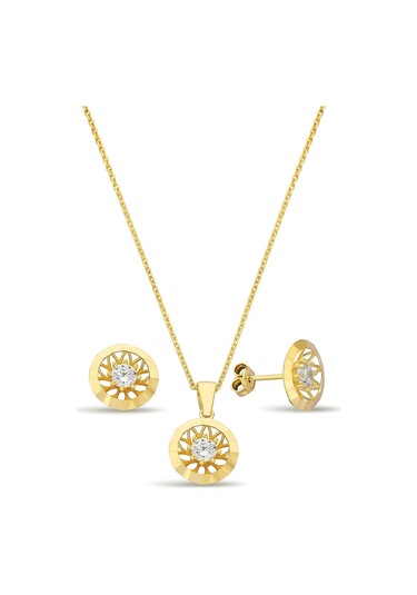 18k Altın Kaplamalı Zirkon Taşlı 925 Ayar Gümüş Set - 67018503 Altın