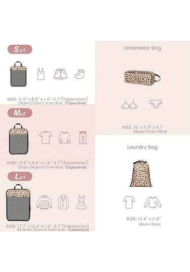 Fochsia 6lı Seyahat Sıkıştırma Paketleme Küpleri Çanta Bavul Düzenleyici Pembe Leopar Desen Ahşap