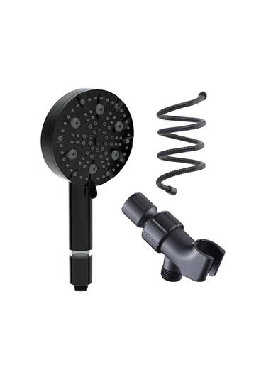 Su Tasarruflu 10 Modlu El Tipi Filtreli Duş Başlığı, Paslanmaz Çelik Hortum + Braket, Mat Siyah
