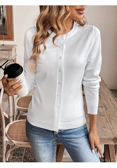 Kadın Uzun Kollu Önden Düğmeli Triko Ceket Beyaz