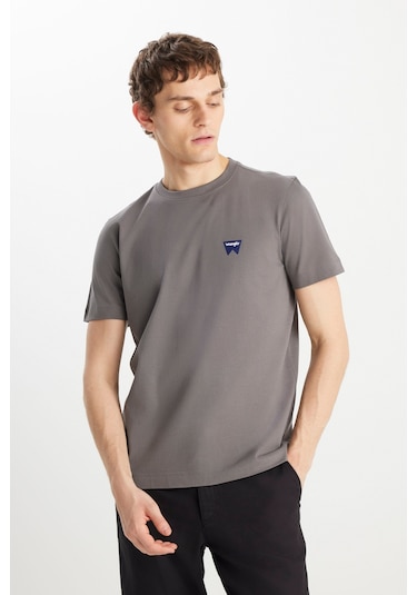 %100 Pamuk Regular Fit Normal Kesim Minimal Logo Antrasit Tişört Anthracite