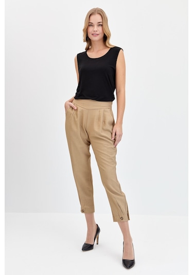 Kadın Geniş Kemerli Paçası Düğmeli Keten Pantolon Camel Camel