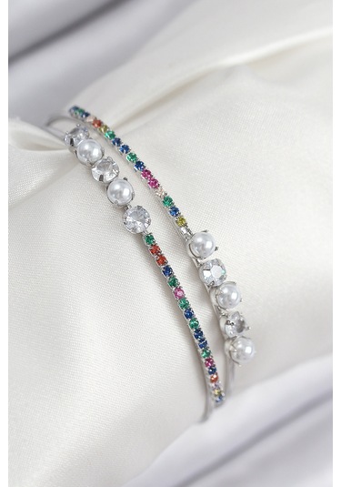 Pirinç Zirkon Taşlı İnci Model Gümüş Renk Kadın Bileklik Çok Renkli