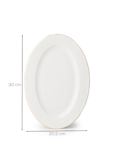 Porsima 4455 Burçak Porselen Altın Fileli Kayık Tabak Seti - Oval Kahvaltılık Sunumluk Seti 30cm Beyaz