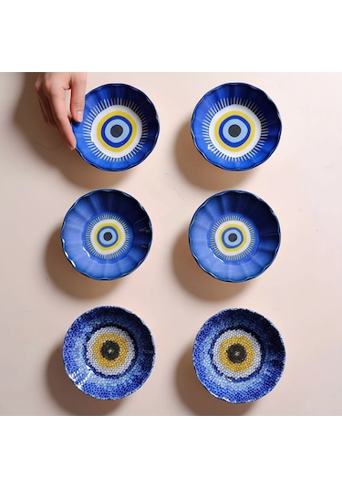 Fecra Acem 6'lı Nazarı Çay Tabağı Seti Karma Mavi