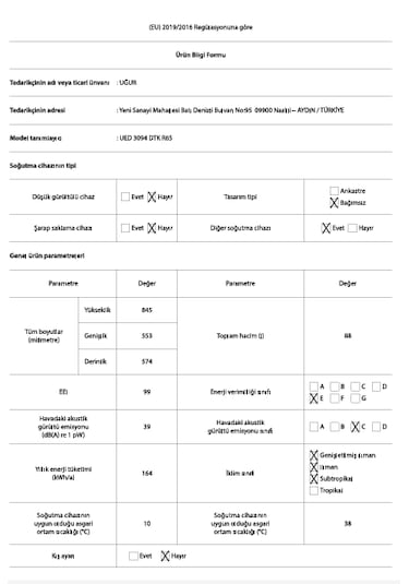 Uğur UED 3094 DTK 88 LT 3 Çekmeceli Dikey Derin Dondurucu