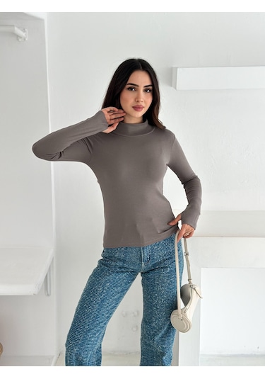 Kadın Yarım Balıkçı Yaka Parmak Geçmeli Full Likralı Buzz Body Vizon