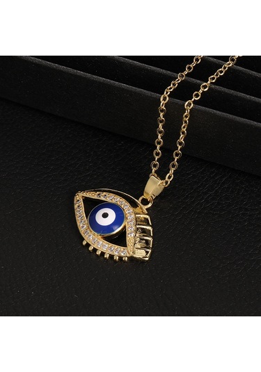 Takı: Titanyum Çelik Köprücük Kimi Zinciri, Renkli Zirkon Taşlı Göz Pandantif, Şeytan Gözü Kolye Beyaz - Mavi
