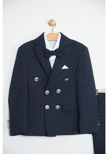 Erkek Çocuk Çizgili Ceket Gömlek Pantolon Papyonlu Takım Elbise Te.1001y Lacivert