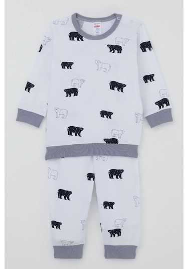 Breeze Erkek Bebek Eşofman Takım Omuzdan Patlı Sevimli Kutup Ayıcığı Desenli 4 Ay-1 Yaş, Beyaz Beyaz