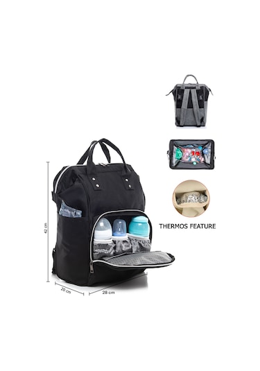 Anne Bebek Bakım Sırt Çantası Siyah Termos Bölmeli Siyah