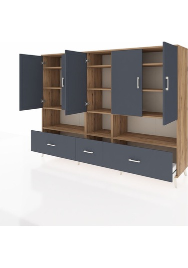 Hyperion Dolap 12 Raflı 3 Çekmeceli 5 Kapaklı 220x44x163 Çam-antr Çam-antrasit