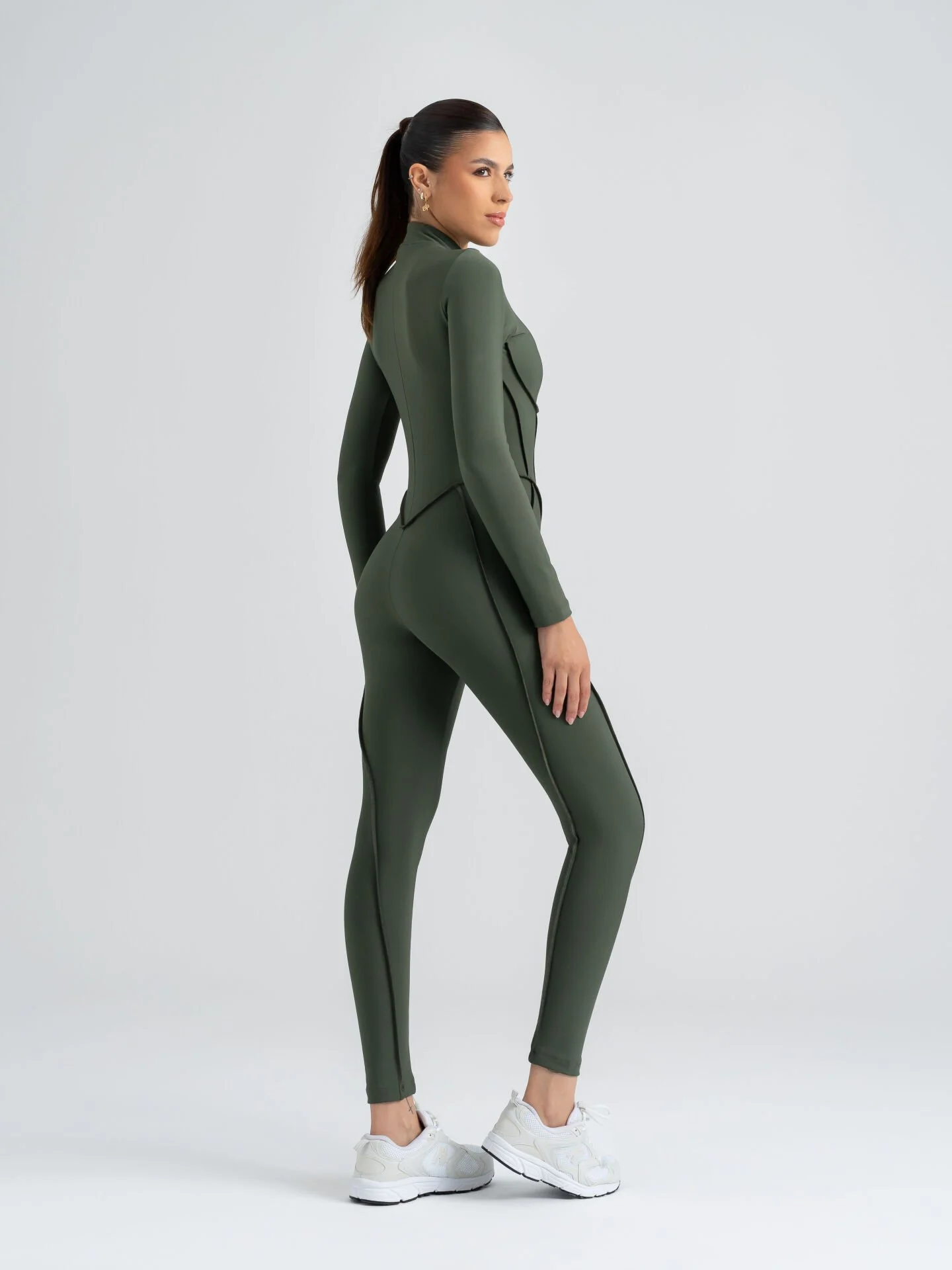 Dikişle Modellenmiş Spor Tayt Tulum Haki Yeşili