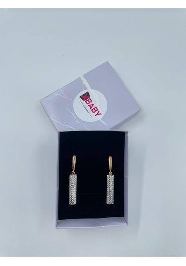 Uzun Dikdörtgen Taşlı Rose Gold Sallanan Küpe