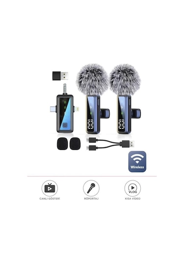 H68 Type-c + Lightning + Aux 2li 3in1 Kablosuz Yaka Mikrofonu