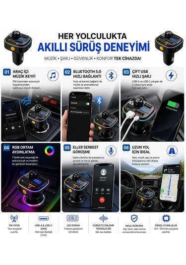 Araç İçi Bluetooth Fm Transmitter Usb-c Hızlı Şarj Çift Usb Led Ekran 12-24v 12w